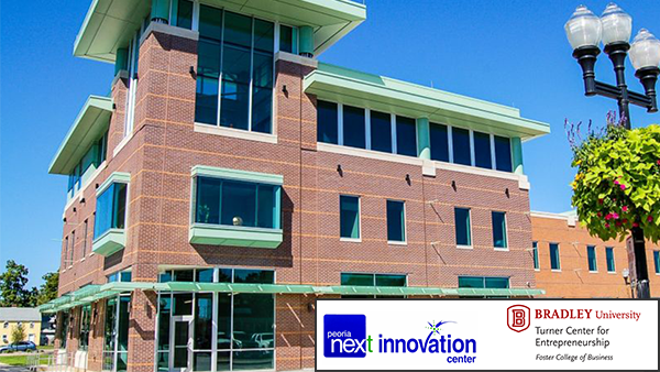 Photo of Peoria NEXT Innovation Center building. Overlaid in a white box, lower-right corner, are logos for Peoria NEXT Innovation Center and Bradley University Turner Center for Entrepreneurship.